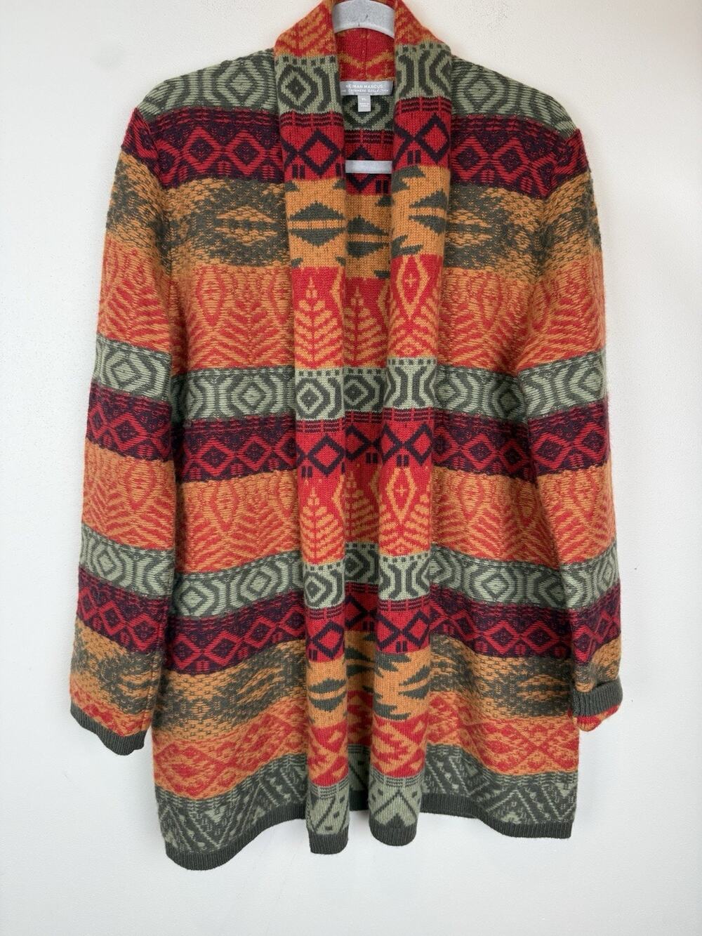Neiman Marcus 100% Cashmere Open Front Cardigan Aztec Southwest Sweater Long XL